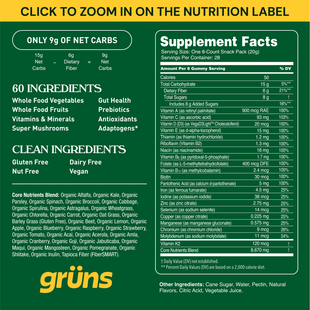 Grüns Super Greens Gummy Bears:20+ Vitamins and Minerals, Prebioticsfor Digestive Health,Adaptogens-28Pack(224Gummies)
