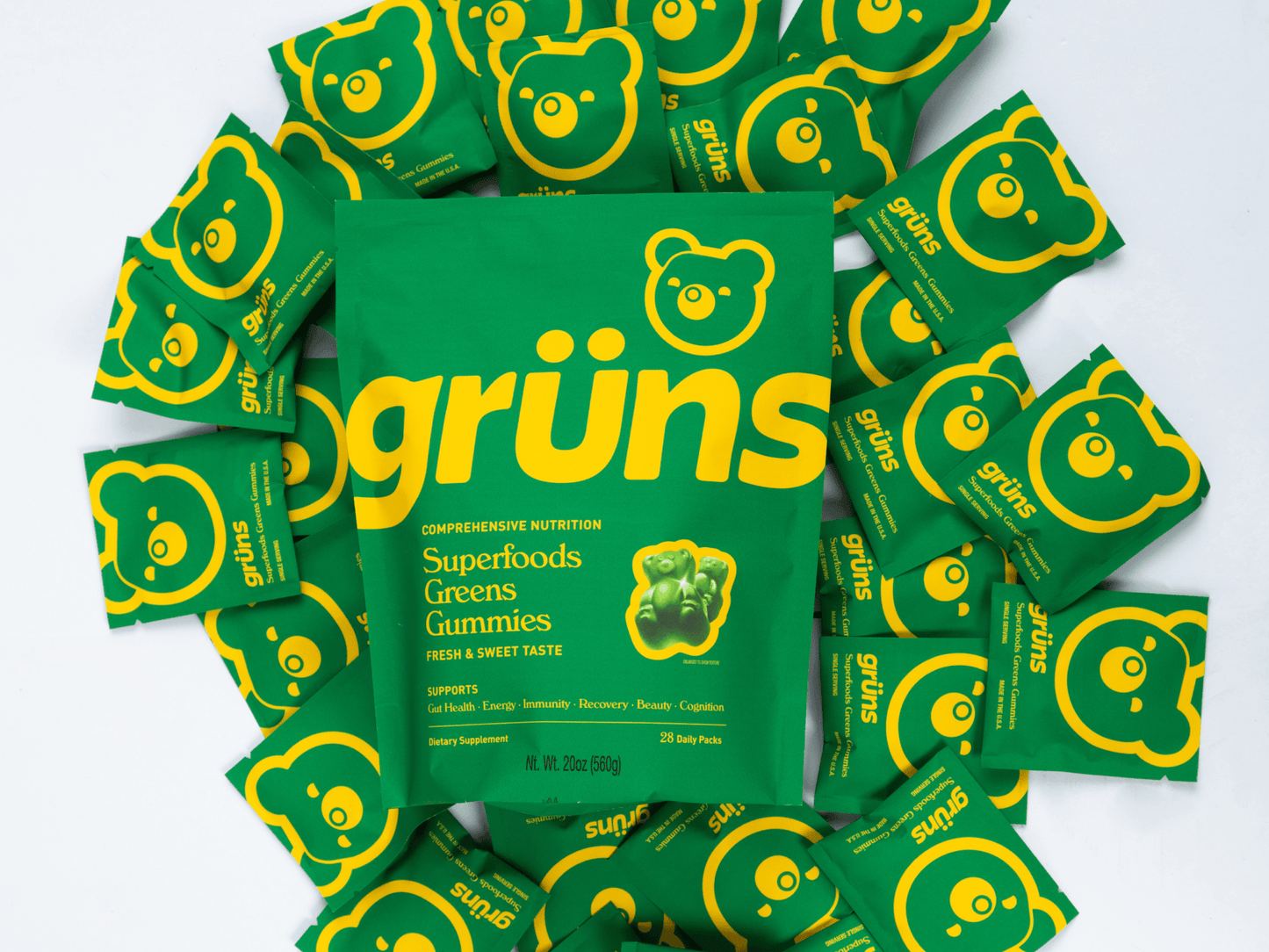 Grüns Super Greens Gummy Bears:20+ Vitamins and Minerals, Prebioticsfor Digestive Health,Adaptogens-28Pack(224Gummies)
