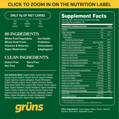 Grüns Super Greens Gummy Bears:20+ Vitamins and Minerals, Prebioticsfor Digestive Health,Adaptogens-28Pack(224Gummies)